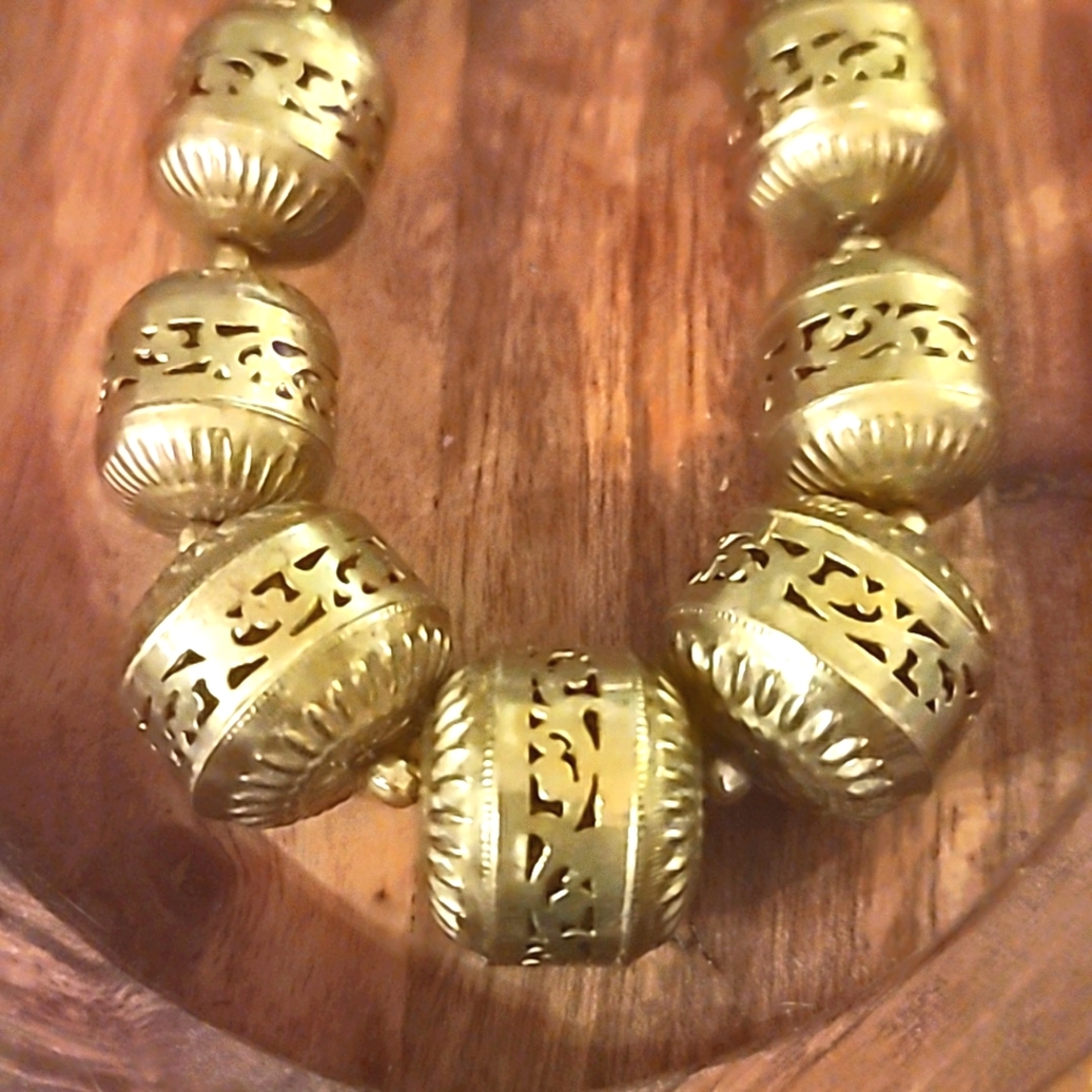 Vintage Gold metal Beaded necklace EXOTIC Statement Moroccan Brass Beads 16"